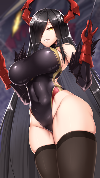 Anime picture 2000x3556 with azur lane friedrich der grosse (azur lane) shuugetsu karasu single long hair tall image looking at viewer fringe highres breasts light erotic black hair smile large breasts standing bare shoulders holding yellow eyes payot parted lips