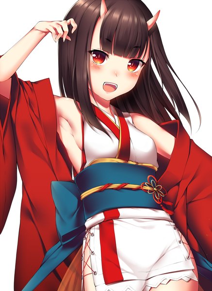 Anime picture 893x1226 with original yomono single long hair tall image looking at viewer blush fringe breasts open mouth light erotic simple background red eyes brown hair white background bare shoulders blunt bangs traditional clothes head tilt :d