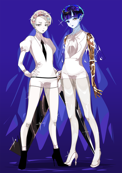 Anime picture 1061x1500 with houseki no kuni phosphophyllite phosphophyllite (ll) cairngorm (houseki no kuni) hanasaki coa tall image looking at viewer short hair simple background standing blue hair silver hair full body sparkle high heels hand on hip heterochromia blue background silver eyes androgynous