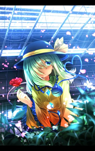 Anime picture 628x1000 with touhou komeiji koishi ryosios single tall image fringe short hair green eyes green hair hair over one eye letterboxed girl dress flower (flowers) plant (plants) hat petals rose (roses) grass eyeball