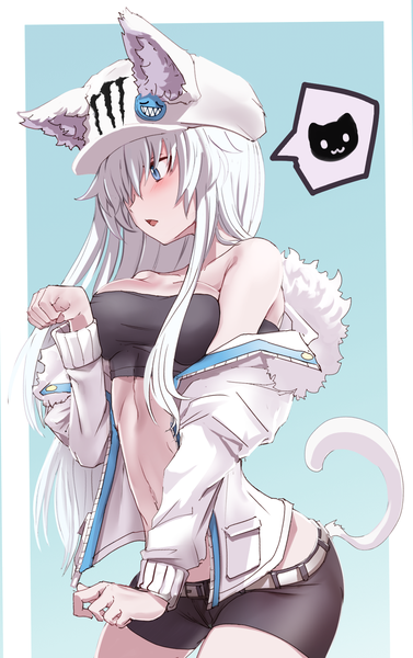 Anime picture 1059x1684 with original monster energy nakasaku-p single long hair tall image blush fringe breasts open mouth blue eyes simple background standing bare shoulders animal ears looking away cleavage silver hair tail long sleeves