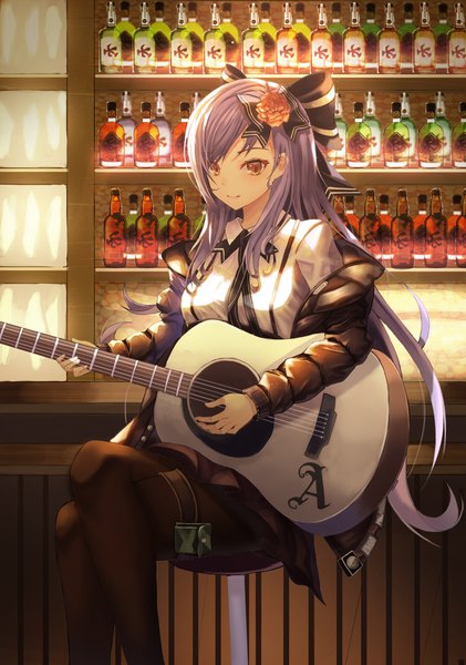 Anime picture 3000x4274 with original cup6542 single long hair tall image looking at viewer fringe highres smile sitting brown eyes purple hair indoors long sleeves off shoulder open jacket crossed legs playing instrument girl skirt