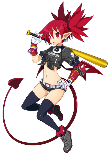 Anime picture 7040x10000 with disgaea etna (disgaea) dekodere single tall image looking at viewer fringe highres short hair hair between eyes red eyes twintails absurdres full body bent knee (knees) red hair tail pointy ears hand on hip transparent background