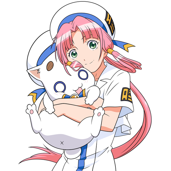 Anime picture 8000x8000 with aria mizunashi akari dekodere single long hair looking at viewer highres smile green eyes pink hair absurdres hug transparent background vector derivative work girl animal cat beret