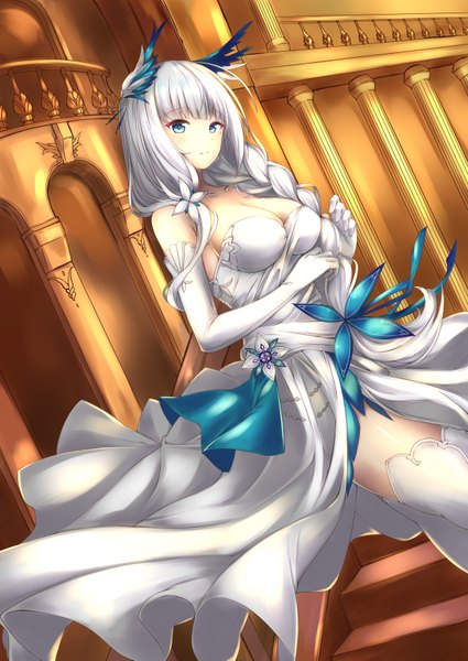 Anime picture 2508x3541 with azur lane illustrious (azur lane) illustrious (illustrious ballroom) (azur lane) mamizu single long hair tall image looking at viewer fringe highres breasts blue eyes smile standing bare shoulders cleavage silver hair ahoge indoors blunt bangs