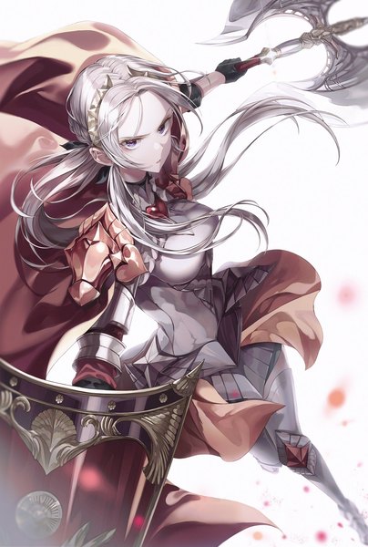 Anime picture 1380x2048 with fire emblem fire emblem: three houses fire emblem warriors: three hopes nintendo edelgard von hresvelg csc00014 single long hair tall image looking at viewer simple background white background purple eyes holding white hair floating hair fighting stance serious girl gloves