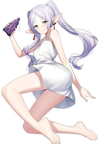 Anime picture 1000x1464 with sousou no frieren frieren ririko (zhuoyandesailaer) single long hair tall image looking at viewer light erotic simple background smile white background twintails green eyes silver hair barefoot pointy ears bare legs sleeveless eyebrows elf