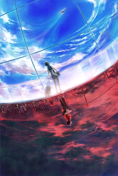 Anime picture 1000x1492 with knite sen (knite) yuumei tall image short hair brown hair signed sky cloud (clouds) from behind city looking up cityscape upside down boy window bag aircraft airplane kite