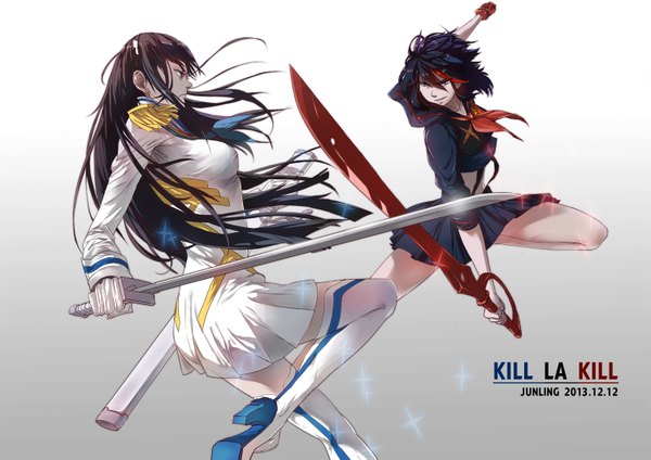 Anime picture 1500x1061 with kill la kill studio trigger matoi ryuuko kiryuuin satsuki jun ling long hair short hair blue eyes black hair multiple girls multicolored hair two-tone hair streaked hair battle girl skirt uniform weapon 2 girls school uniform