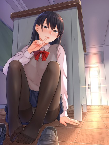 Anime picture 1156x1537 with original kyuuso inukami single long hair tall image looking at viewer blush fringe light erotic black hair hair between eyes sitting indoors parted lips black eyes pantyshot legs finger to mouth pantyshot sitting classroom