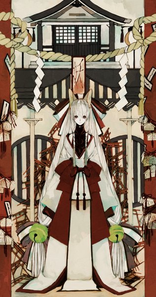 Anime picture 1053x2000 with original asahi (asahino) single long hair tall image looking at viewer fringe red eyes standing animal ears white hair very long hair traditional clothes japanese clothes fox ears pale skin face paint hands in sleeves girl bell