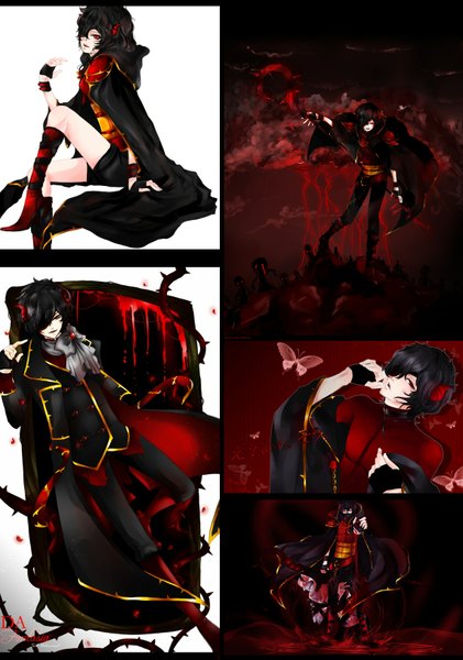 Anime picture 1142x1626 with original tori-ru (artist) tall image fringe black hair simple background red eyes standing white background sitting sky horn (horns) hair over one eye dark background multiview red background lightning zombie boy gloves