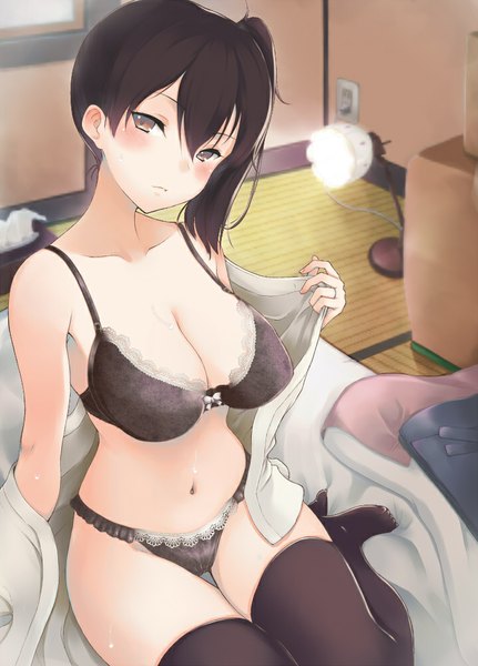 Anime picture 718x1000 with kantai collection kaga aircraft carrier masaoka misaki single tall image blush short hair breasts light erotic brown hair large breasts sitting brown eyes ponytail bare belly no shoes side ponytail undressing girl thighhighs