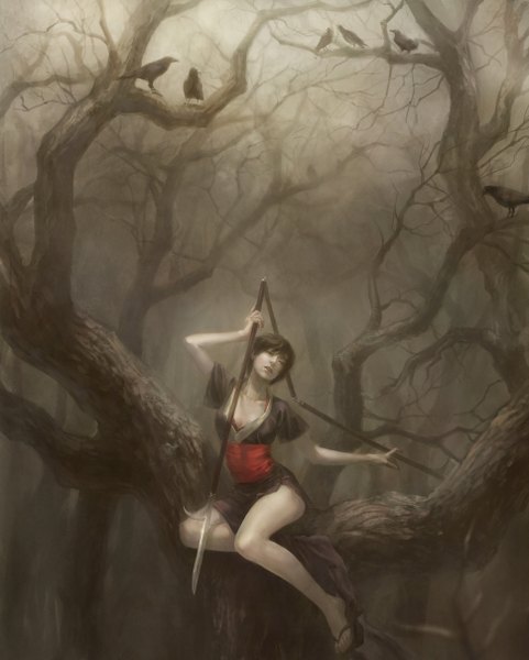 Anime picture 969x1208 with blade of the immortal makie otono-tachibana hao & su single tall image short hair open mouth black hair sitting cleavage traditional clothes black eyes legs bare tree fog girl weapon plant (plants) animal tree (trees)