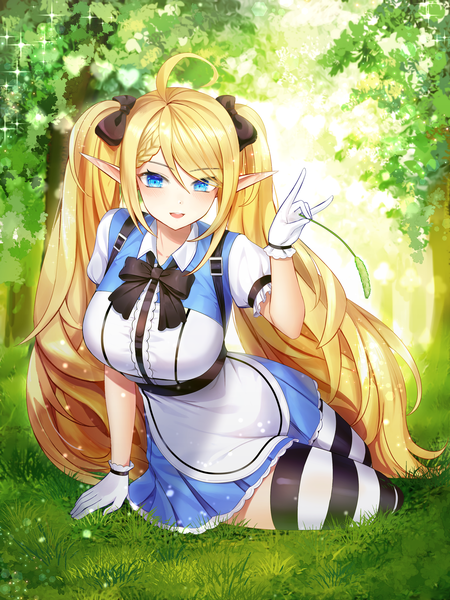 Anime picture 2000x2667 with original bindong single tall image looking at viewer blush fringe highres breasts open mouth blue eyes blonde hair smile hair between eyes large breasts sitting twintails holding payot full body
