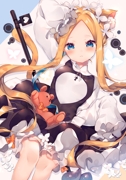 Anime picture 880x1252 with fate (series) fate/grand order abigail williams (fate) ana (rznuscrf) single long hair tall image looking at viewer blush fringe breasts blue eyes blonde hair standing animal ears payot tail animal tail arm up cat ears