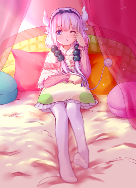 Anime picture 1200x1650 with kobayashi-san chi no maidragon kyoto animation kanna kamui taiqa (taisiya deeva) single long hair tall image fringe blue eyes sitting twintails purple hair full body tail one eye closed horn (horns) low twintails sleepy girl hair ornament