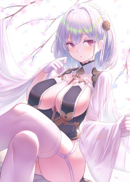 Anime picture 1488x2088 with azur lane sirius (azur lane) sirius (azure horizons) (azur lane) gohei (aoi yuugure) single tall image looking at viewer fringe short hair breasts light erotic simple background red eyes large breasts white background sitting silver hair braid (braids) traditional clothes arm up