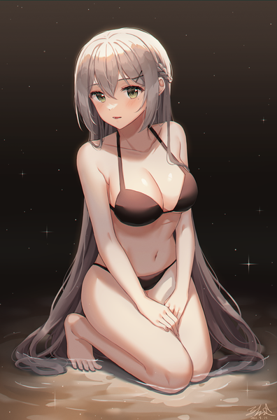 Anime picture 3697x5605 with original monjja single tall image looking at viewer blush fringe highres breasts open mouth light erotic simple background hair between eyes large breasts green eyes signed payot absurdres silver hair full body