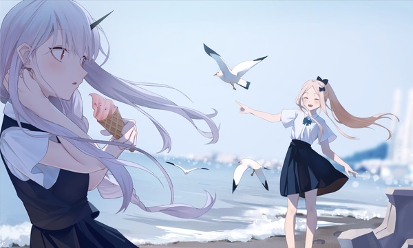 Anime picture 2006x1208 with fate (series) fate/grand order abigail williams (fate) lavinia whateley (fate/grand order) yukiyama momo long hair highres open mouth blonde hair red eyes wide image multiple girls silver hair outdoors ponytail eyes closed horn (horns) wind outstretched arm adjusting hair