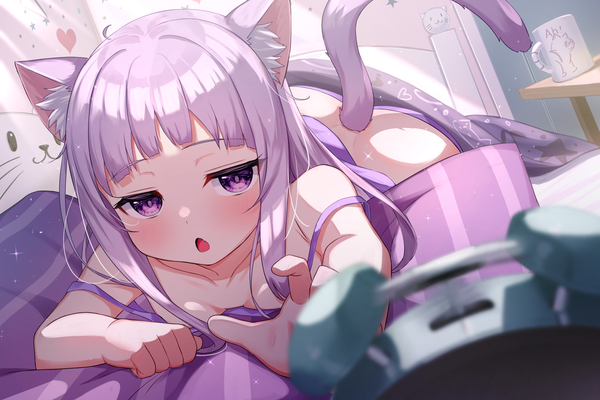Anime picture 2047x1366 with original tsukiman single long hair looking at viewer blush fringe highres breasts open mouth light erotic purple eyes animal ears purple hair indoors tail lying blunt bangs animal tail blurry