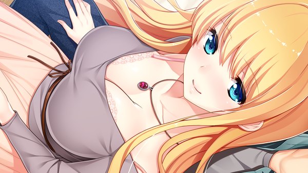 Anime picture 1280x720 with gin'iro haruka bethly rose daisley koizumi amane long hair looking at viewer blush fringe breasts blue eyes light erotic blonde hair smile hair between eyes wide image sitting game cg cleavage from above hand on hip solo focus