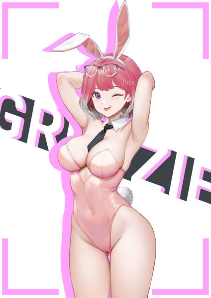 Anime picture 1190x1684 with original greyzie angel jubi (regiana) single tall image short hair breasts light erotic simple background large breasts purple eyes signed animal ears red hair tail animal tail one eye closed wink mole arms up