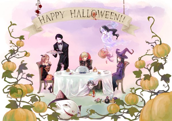 Anime picture 1414x1000 with kaidan restaurant sakuma reiko koumoto shou obake garcon oozora ako yuurei nee-san pixiv id 1160231 group halloween head wings ghost witch vampire happy halloween girl boy animal glasses food sweets