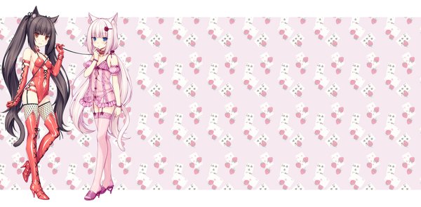 Anime picture 1840x906 with neko paradise vanilla (nekopara) chocola (nekopara) sayori long hair blush highres blue eyes light erotic black hair wide image twintails multiple girls brown eyes animal ears full body white hair cat ears cat girl cat tail