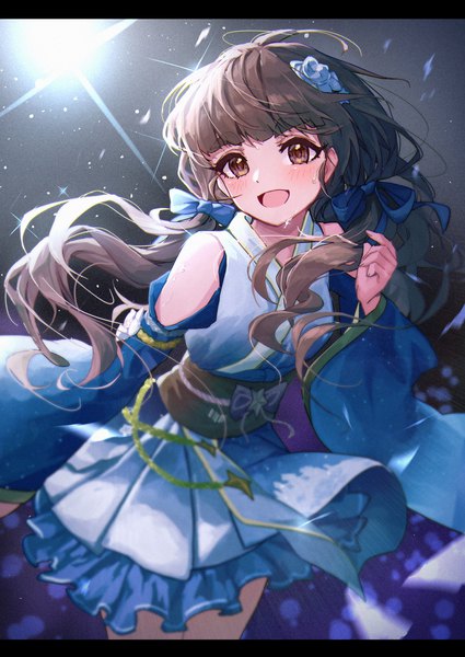 Anime picture 2218x3134 with idolmaster idolmaster cinderella girls kamiya nao shino sto single long hair tall image fringe highres open mouth brown hair twintails brown eyes looking away traditional clothes :d japanese clothes sweat low twintails eyebrows