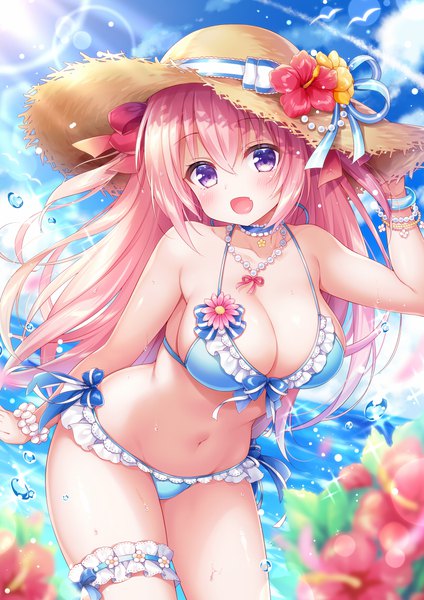 Anime picture 800x1131 with original moe2018 mitsuba choco single long hair tall image looking at viewer blush fringe breasts open mouth light erotic hair between eyes large breasts purple eyes pink hair sky sideboob groin adjusting hat