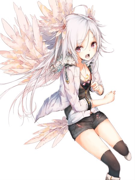 Anime picture 899x1200 with original la-na single long hair tall image looking at viewer blush open mouth simple background white background white hair pink eyes hair flower open clothes open jacket teeth fang (fangs) girl thighhighs hair ornament