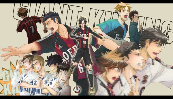 Anime picture 1500x859 with giant killing tatsumi takeshi akasaki ryo sera kyohei tsubaki daisuke yoshida luigi murakoshi shigeyuki hatake katayama looking at viewer short hair open mouth black hair blonde hair brown hair wide image profile multicolored hair from behind inscription