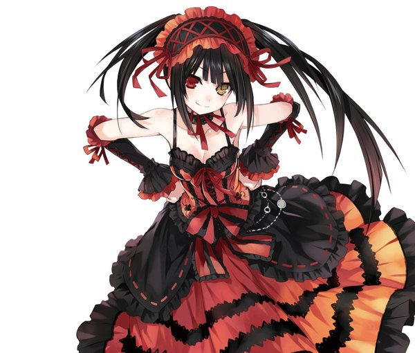 Anime-Bild 1600x1360 mit date a live tokisaki kurumi tsunako single long hair black hair simple background white background twintails official art heterochromia uneven twintails girl dress detached sleeves lolita hairband