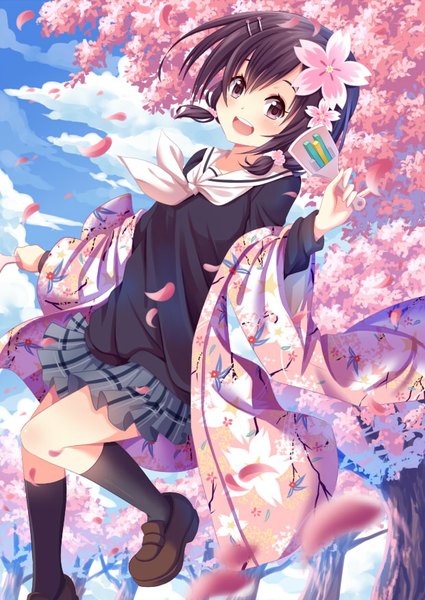 Anime picture 620x876 with hanayamata madhouse sekiya naru villyane single tall image blush short hair open mouth smile brown hair brown eyes sky cloud (clouds) traditional clothes japanese clothes pleated skirt hair flower cherry blossoms girl
