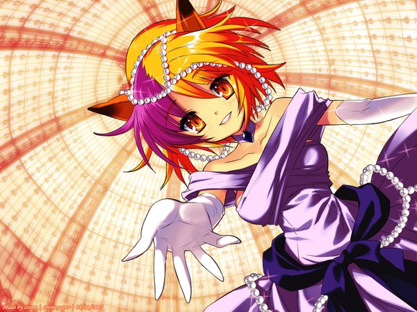 Anime picture 1600x1200 with alice parade kimagure neko itou noiji single looking at viewer short hair blonde hair smile signed animal ears purple hair multicolored hair light smile orange hair two-tone hair sparkle orange eyes dated outstretched hand third-party edit