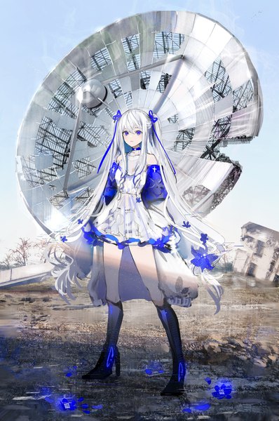 Anime picture 2720x4096 with original nanaponi single tall image fringe highres hair between eyes standing purple eyes twintails silver hair full body outdoors very long hair girl dress ribbon (ribbons) hair ribbon white dress knee boots