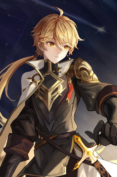 Anime picture 1249x1882 with genshin impact aether (genshin impact) brot single long hair tall image fringe blonde hair hair between eyes yellow eyes looking away upper body ahoge low ponytail boy gloves weapon sword black gloves single earring
