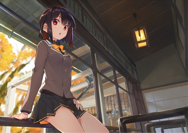 Anime picture 3023x2148 with original shirabi single looking at viewer fringe highres short hair open mouth black hair red eyes sitting absurdres arm support :o from below girl skirt uniform ribbon (ribbons) bow