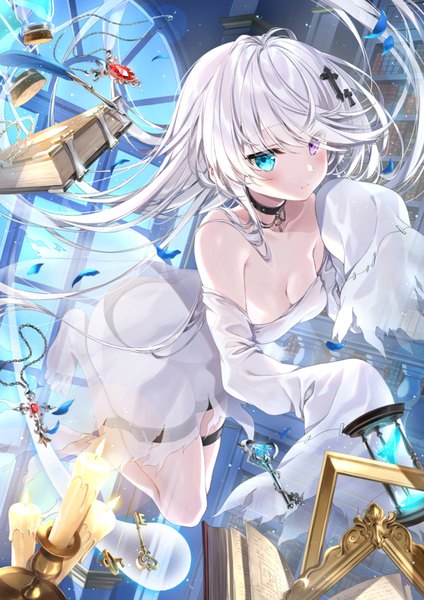 Anime picture 741x1048 with original kakao rantan single long hair tall image looking at viewer blush fringe breasts light erotic purple eyes bare shoulders cleavage silver hair full body bent knee (knees) very long hair barefoot aqua eyes hair over one eye