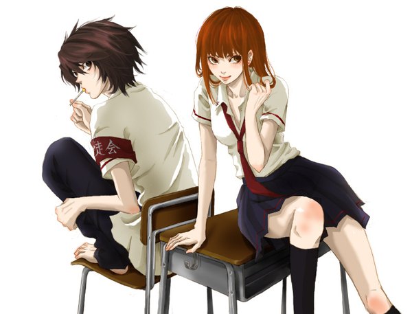 Anime picture 800x610 with death note madhouse yagami light l (death note) tagme (artist) long hair looking at viewer blush fringe short hair black hair simple background hair between eyes brown hair white background sitting holding brown eyes looking away full body