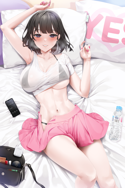 Anime picture 2338x3507 with original teddyellow single tall image looking at viewer blush fringe highres short hair breasts light erotic black hair smile large breasts purple eyes cleavage bent knee (knees) lying blunt bangs nail polish