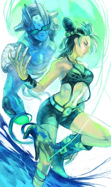 Anime picture 508x850 with jojo no kimyou na bouken kujo jolyne stone free oburaato tall image looking at viewer blue eyes black hair multiple girls blue hair bent knee (knees) braid (braids) profile multicolored hair two-tone hair bare belly hair bun (hair buns) outstretched arm braided bun stand (jojo)