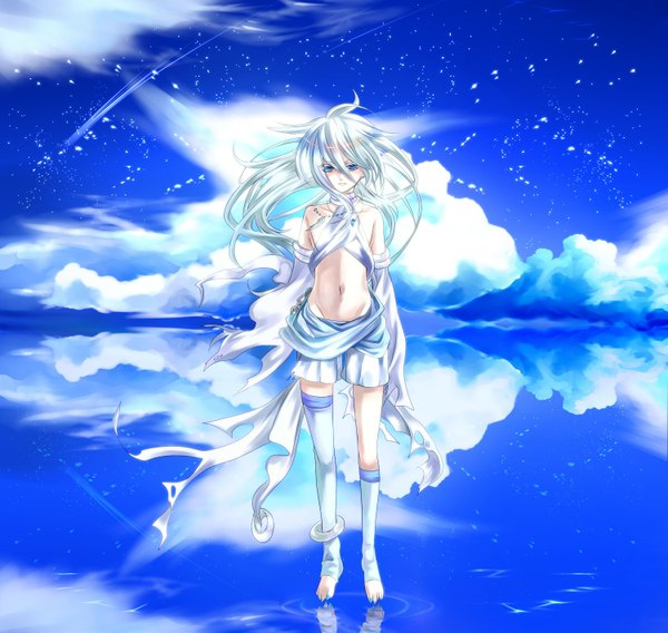 Anime picture 1500x1420 with pokemon moemon nintendo reshiram rathke long hair blue eyes bare shoulders sky silver hair cloud (clouds) nail polish wind flat chest reflection gen 5 pokemon girl thighhighs navel detached sleeves