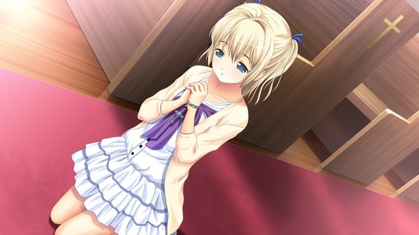 Anime picture 1280x720 with hatsukoi sacrament hikari (hatsukoi sacrament) single short hair blue eyes blonde hair wide image game cg kneeling praying girl