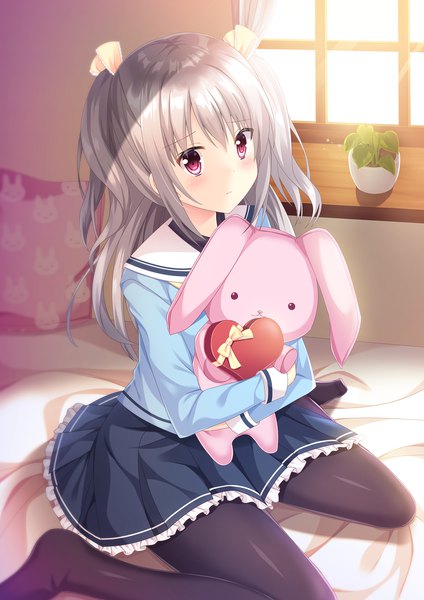 Anime picture 1736x2456 with original moe2019 suzuki anri single long hair tall image looking at viewer blush fringe highres hair between eyes sitting payot silver hair bent knee (knees) indoors long sleeves pleated skirt pink eyes sunlight