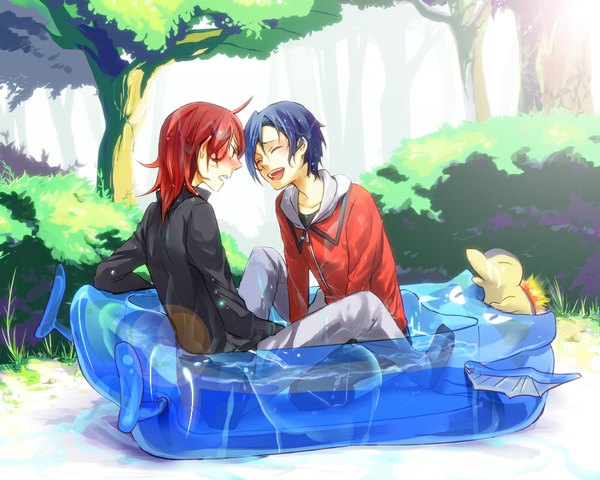 Anime picture 1000x800 with pokemon pokemon heartgold and soulsilver nintendo cyndaquil gold (pokemon) silver (pokemon) mogmahiru long hair blush short hair open mouth blue hair red hair eyes closed multiple boys couple face to face laughing gen 2 pokemon boy