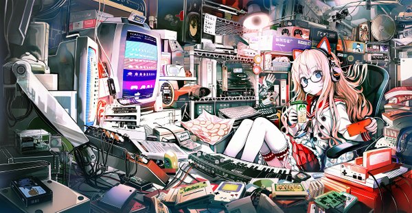 Anime picture 1280x665 with original nintendo snes shirakaba single long hair blue eyes blonde hair wide image sitting animal ears pleated skirt messy room girl thighhighs skirt uniform ribbon (ribbons) school uniform white thighhighs