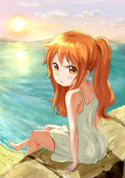 Anime picture 2480x3507 with one piece toei animation nami (one piece) 772317246 single long hair tall image looking at viewer blush fringe highres hair between eyes sitting bare shoulders payot sky cloud (clouds) full body ass outdoors