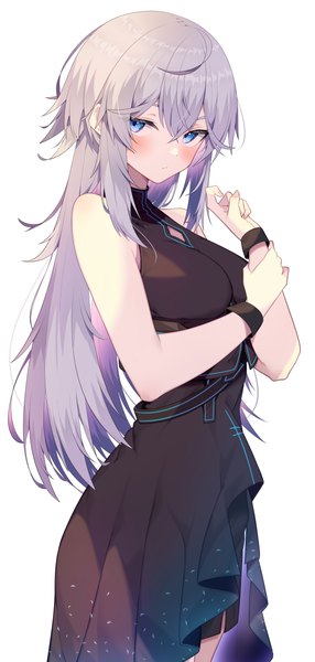 Anime picture 1890x3960 with original jun (aousa0328) single long hair tall image looking at viewer blush fringe highres breasts blue eyes simple background standing white background bare shoulders payot silver hair arms up sleeveless girl